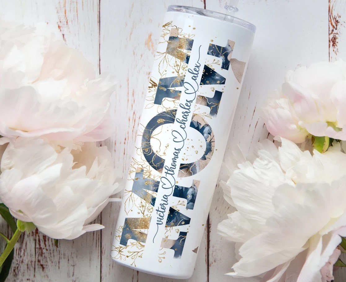 Custom Mom Blue Floral Tumbler Mothers Day Travel Mug With Custom Name Tumbler Cup 20oz Skinny Tumbler